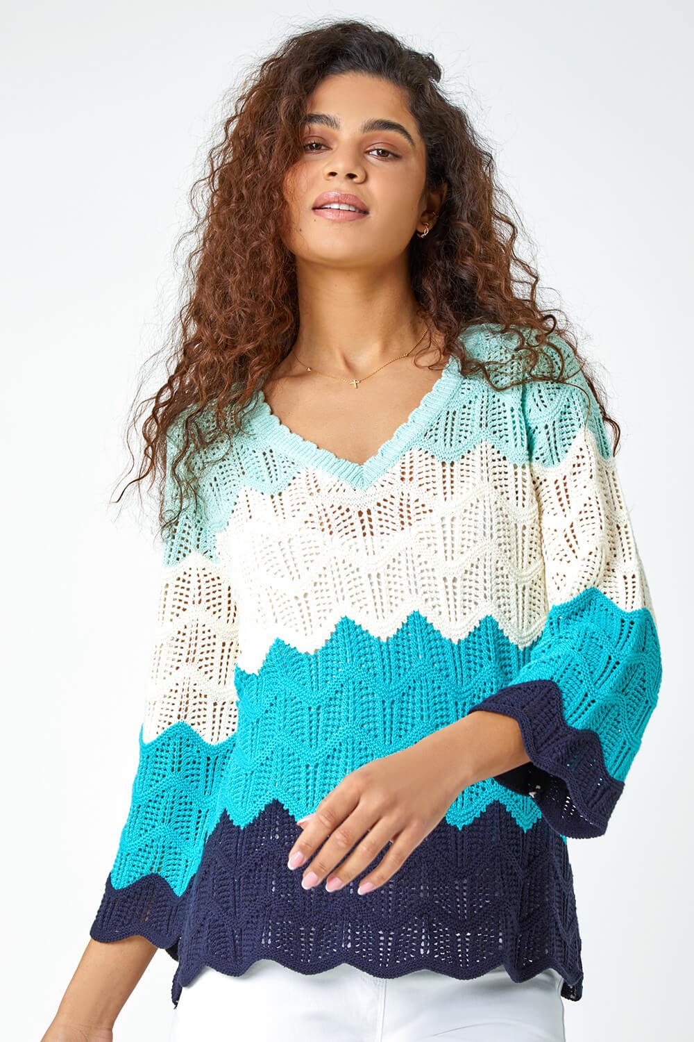 Turquoise Colour Block Crochet Knit Scalloped Jumper, Image 4 of 5