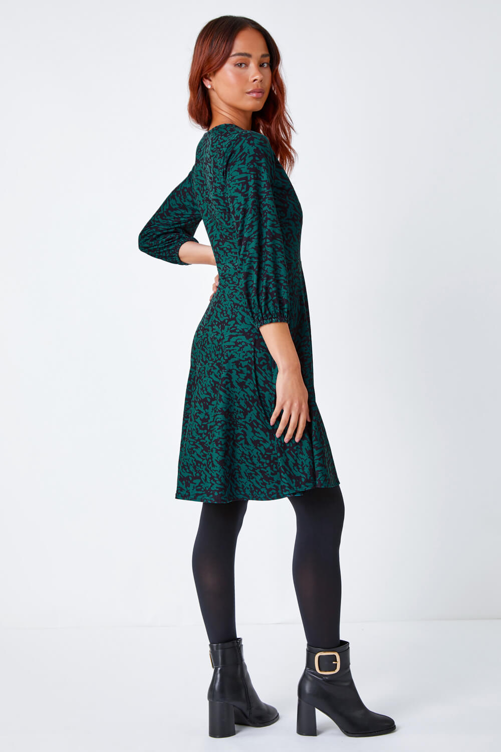 Green Petite Abstract Print Wrap Stretch Dress , Image 3 of 5