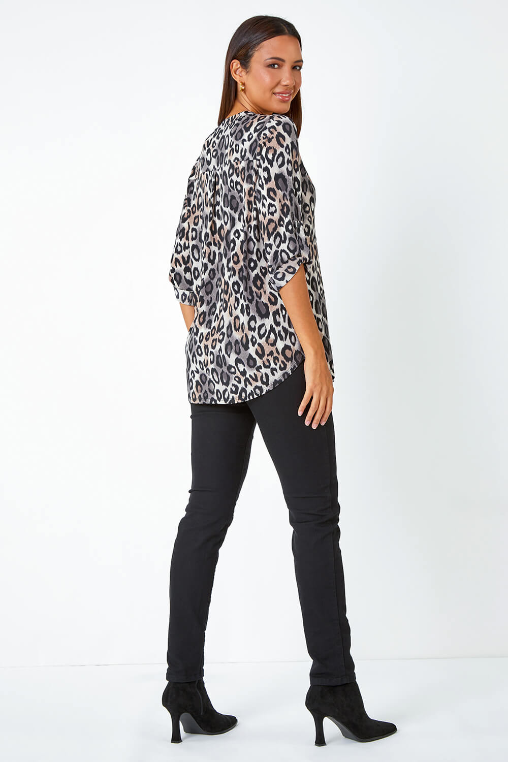 Taupe Animal Print Stretch Blouse, Image 3 of 5