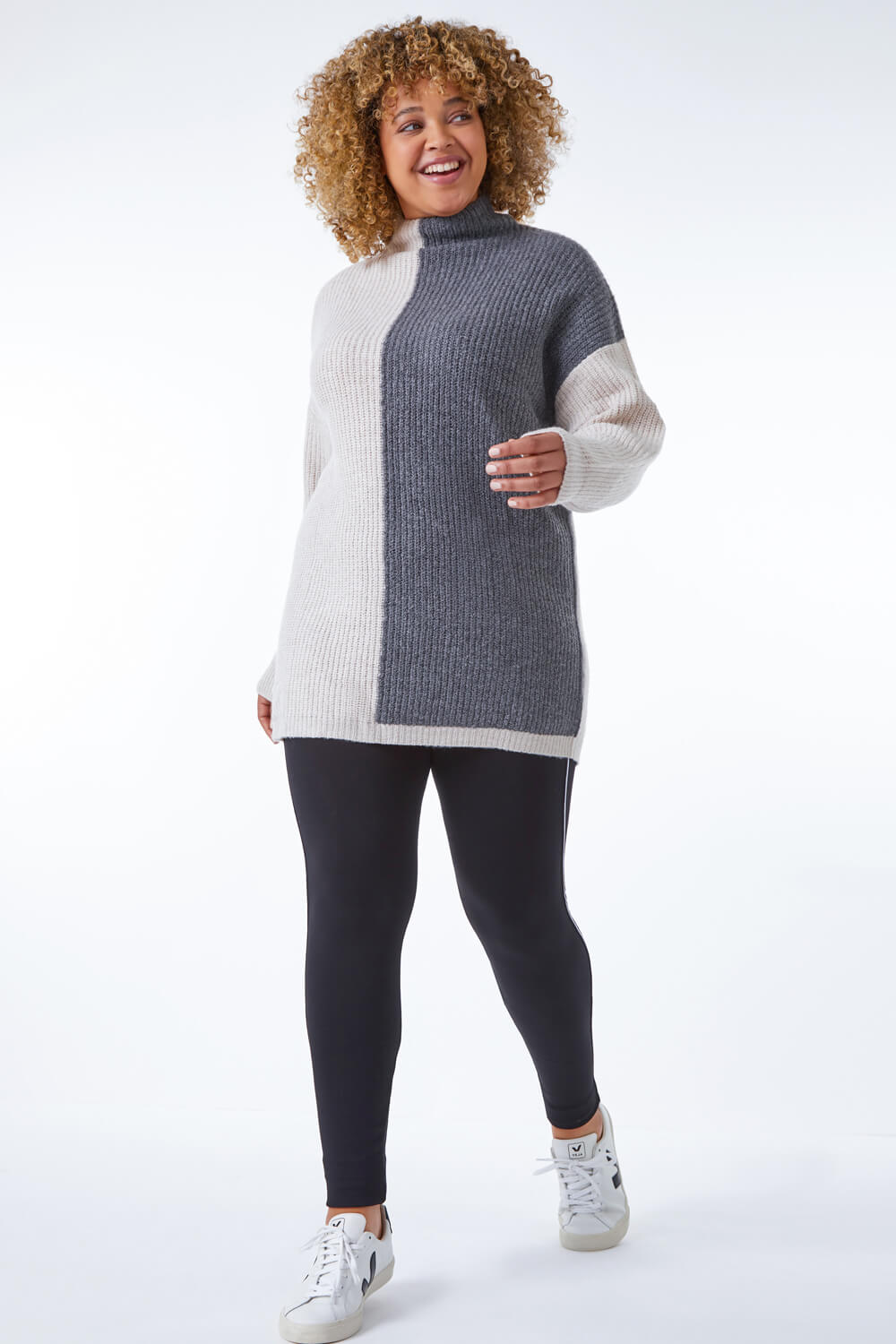 Grey Curve Colourblock Knitted Jumper, Image 4 of 5