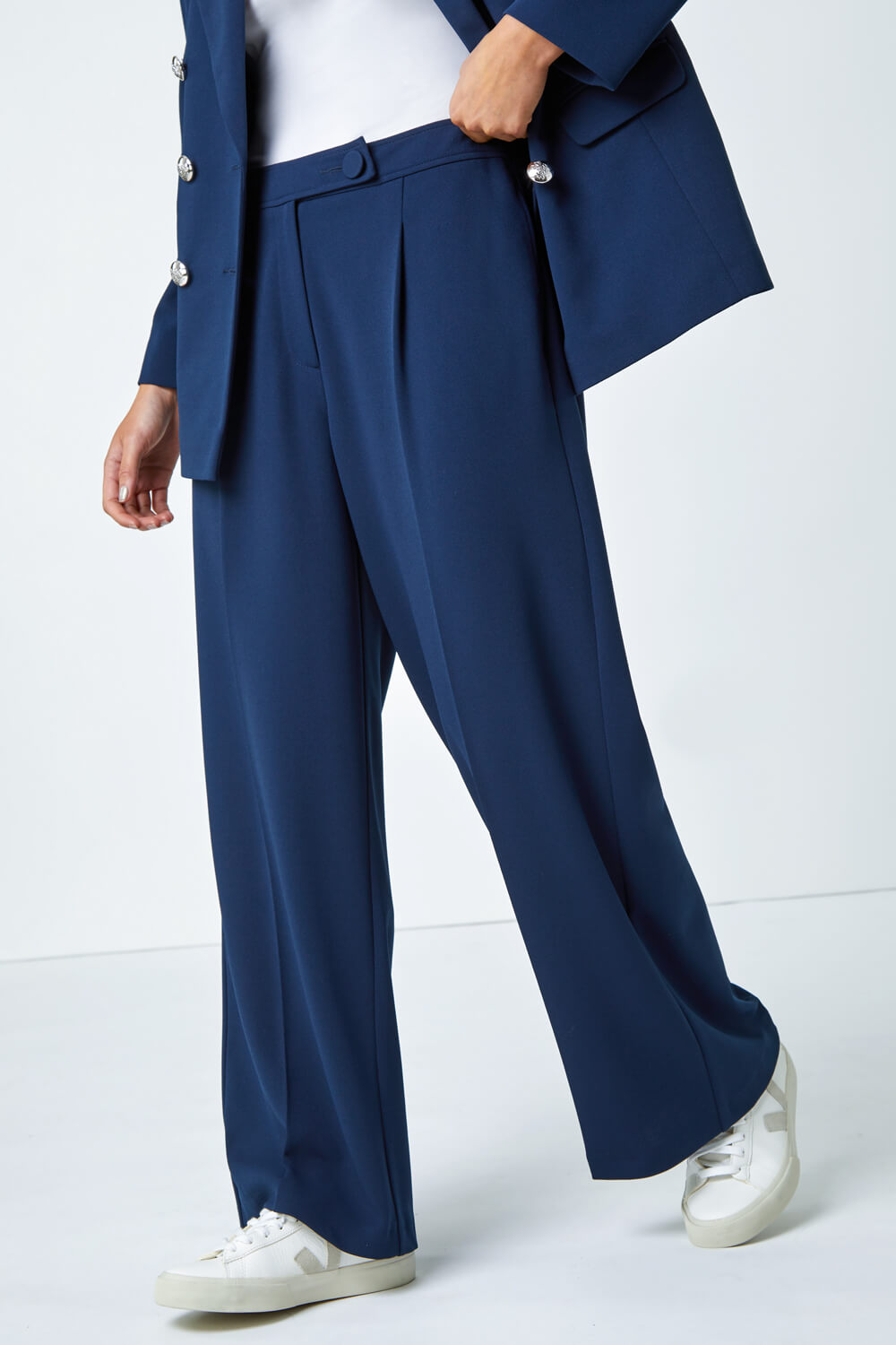 Navy  Petite Button Fastened Wide Leg Trousers, Image 4 of 5
