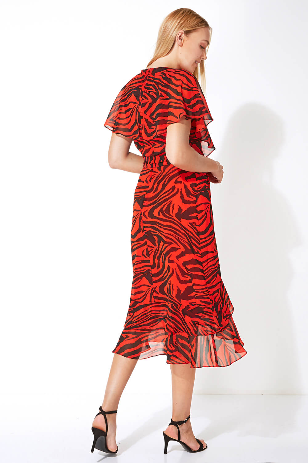 ORANGE Tiger Print Tie Waist Chiffon Midi Dress, Image 3 of 5