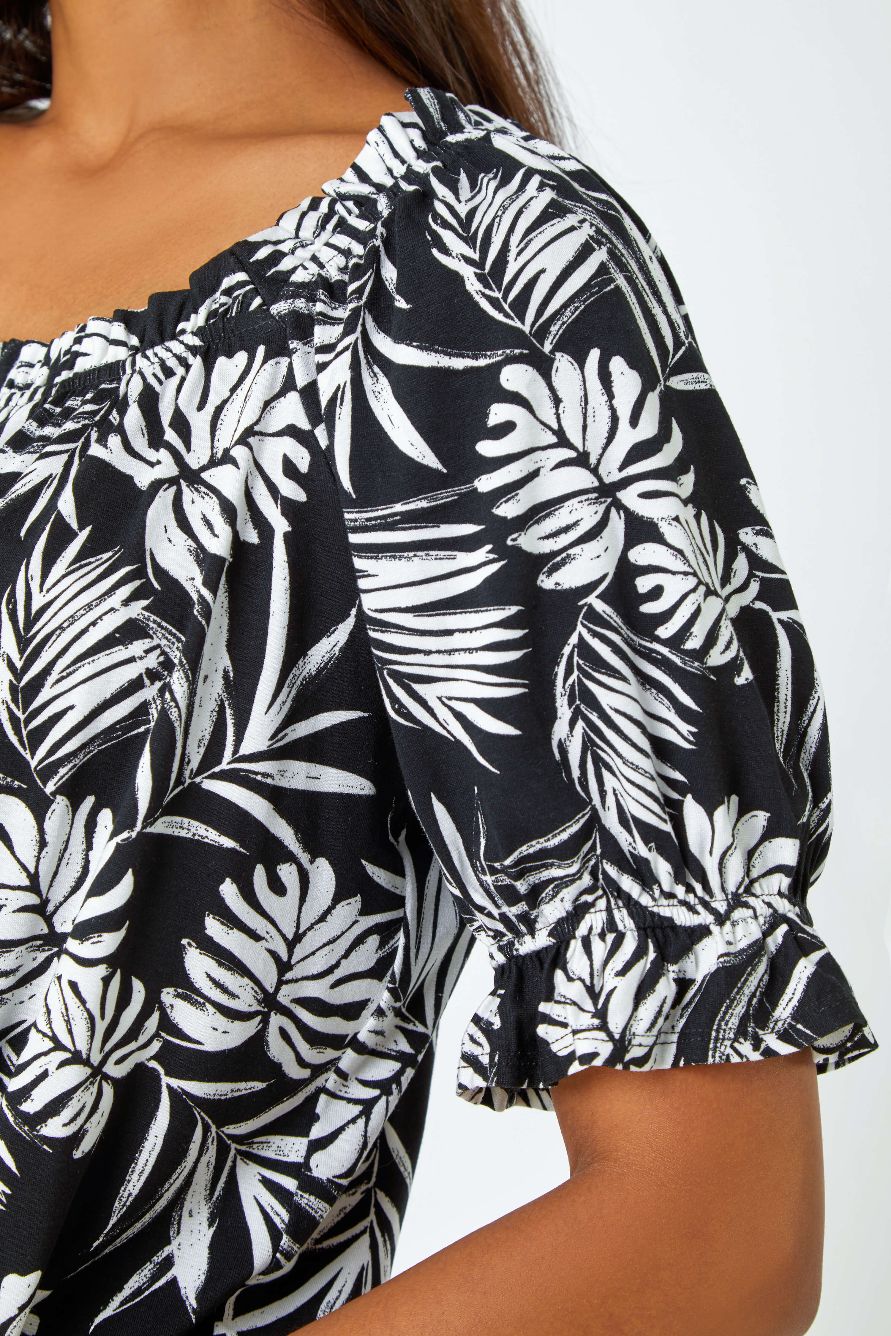 Black Shirred Bardot Palm Print Top, Image 5 of 5