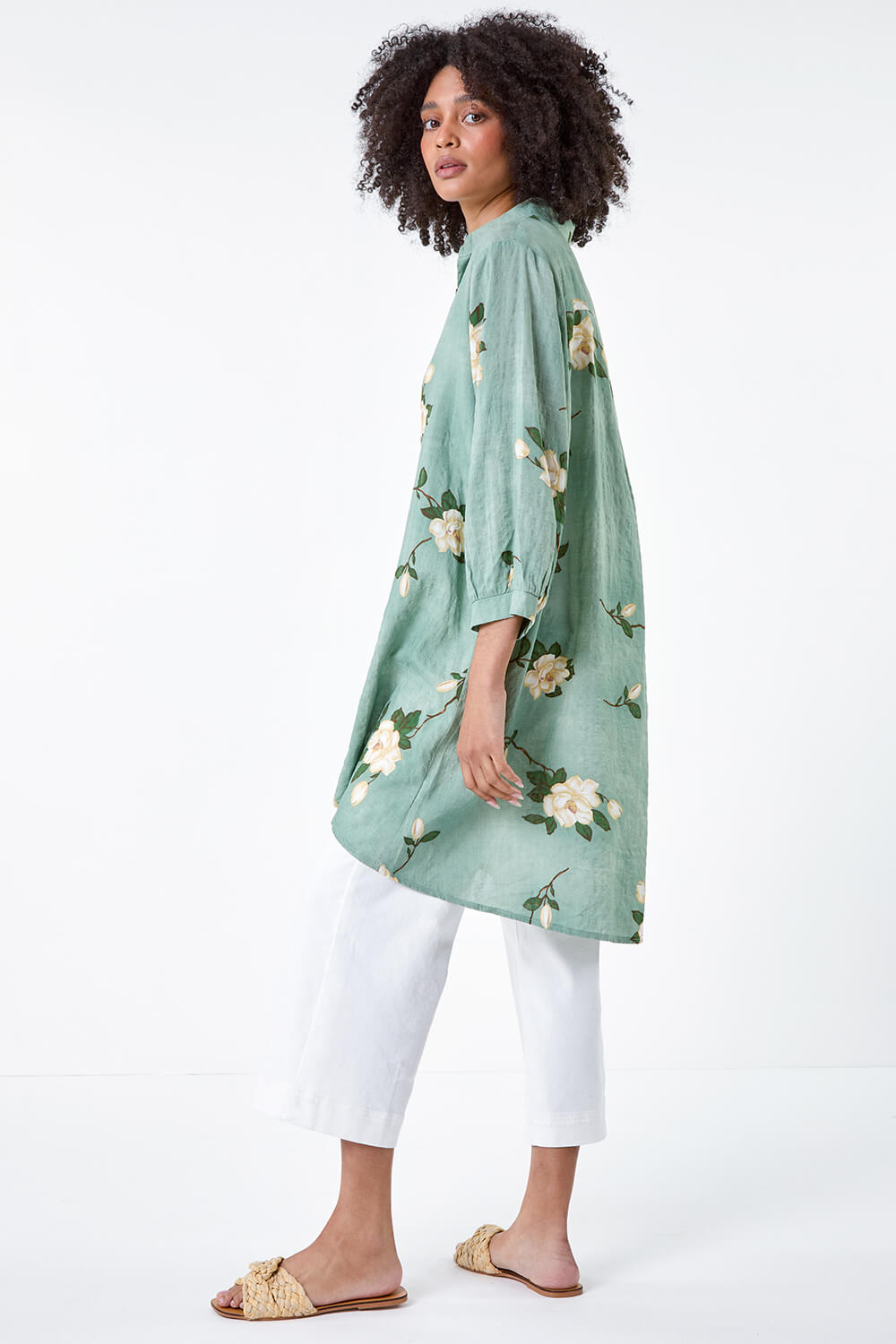 Sage Floral Cotton Blend Longline Shirt, Image 3 of 5
