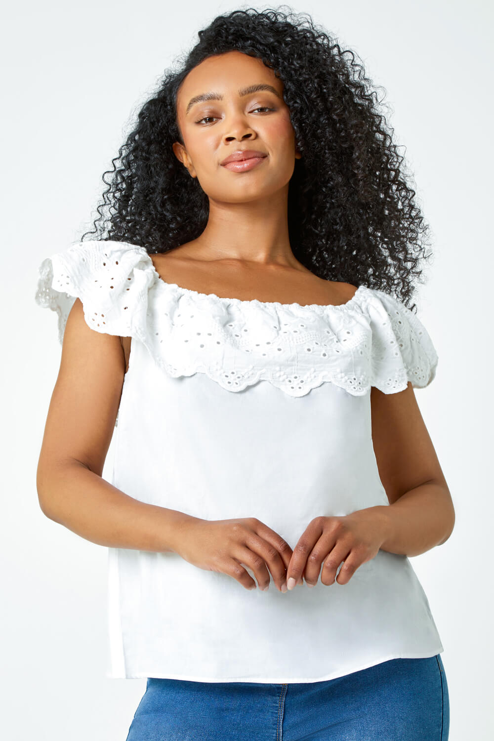 White Petite Embroidered Cotton Bardot Top, Image 2 of 5