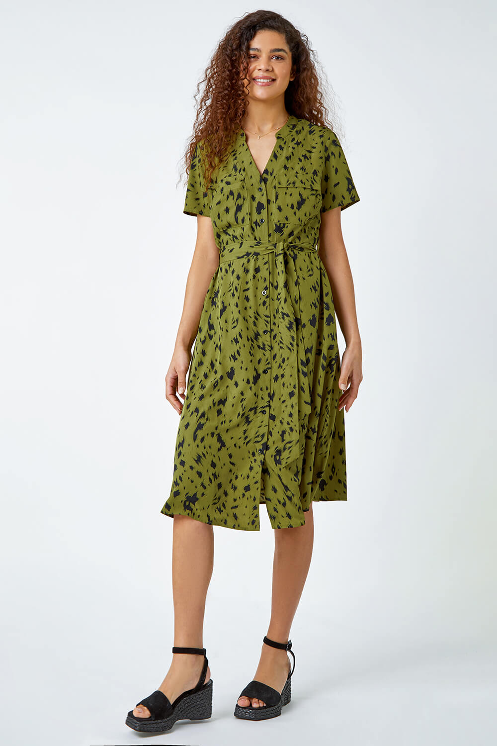 Olive Abstract Spot Print Shirt Dress, Image 2 of 5