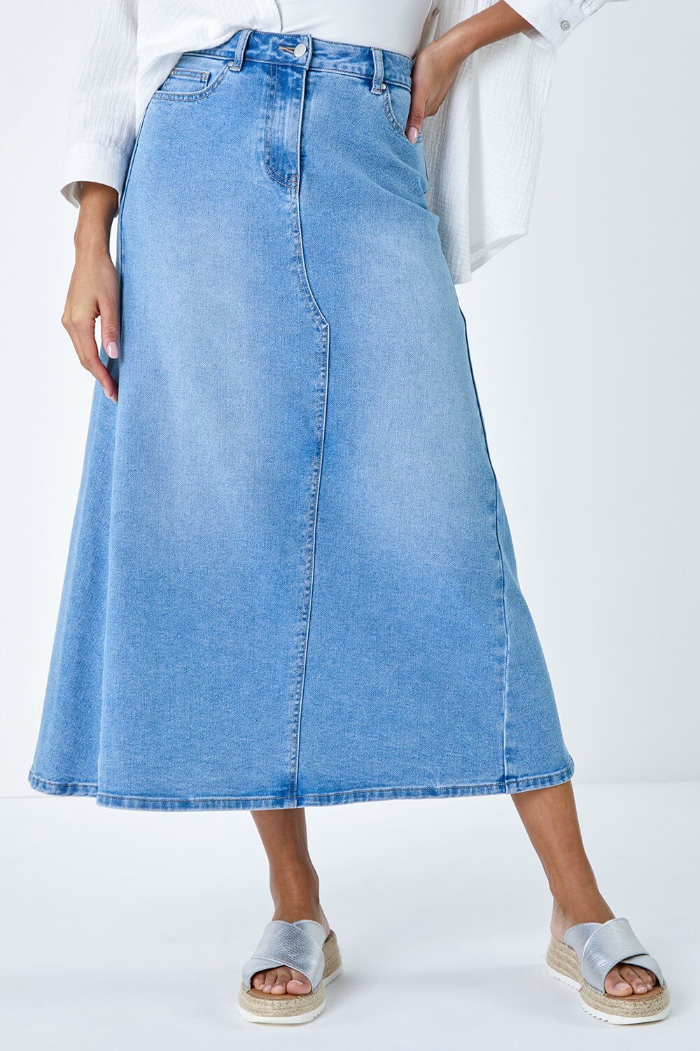 Light Blue  Cotton Blend Denim Maxi Skirt, Image 4 of 5