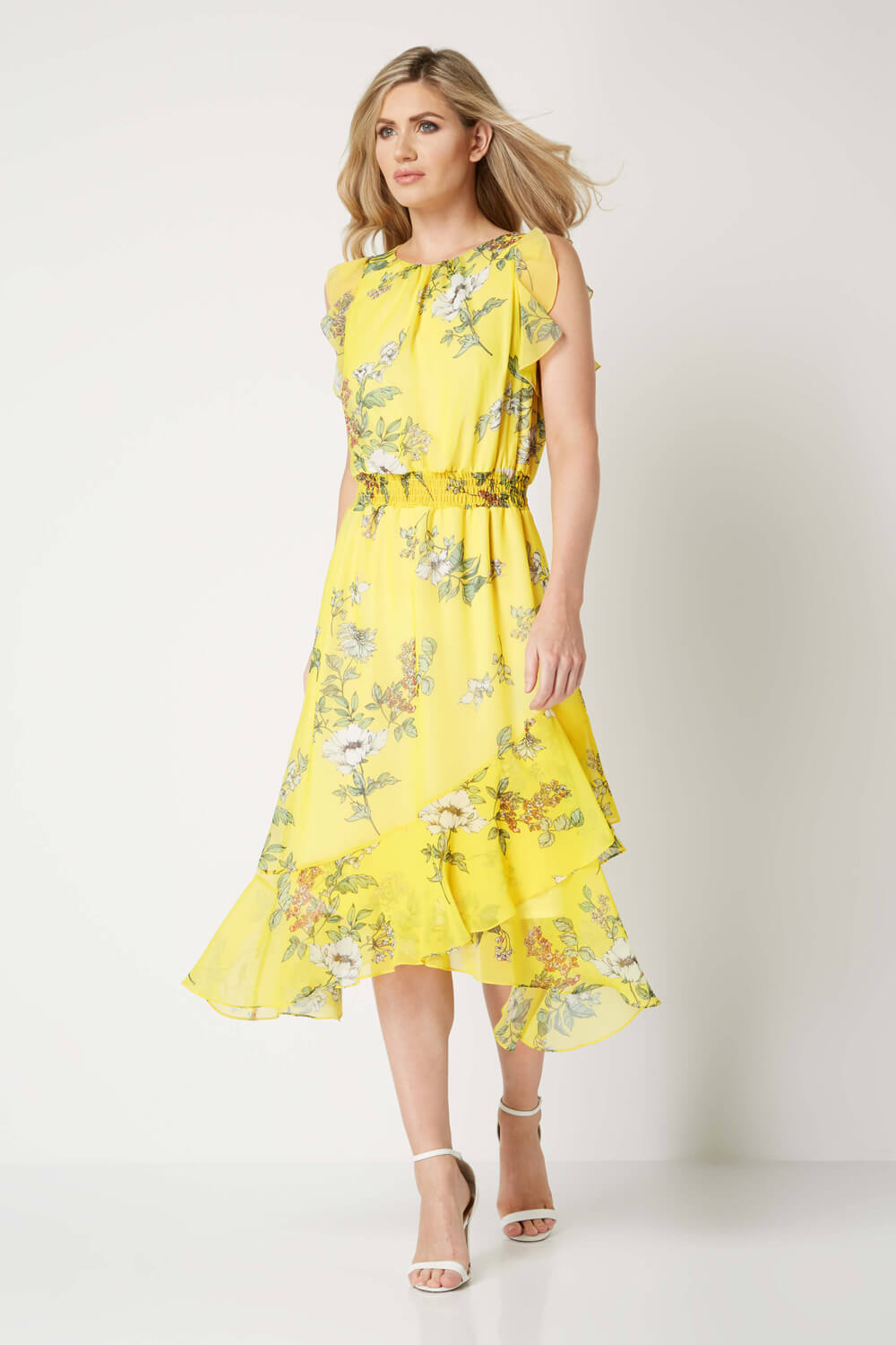 Yellow Floral Frill Midi Dress, Image 3 of 5