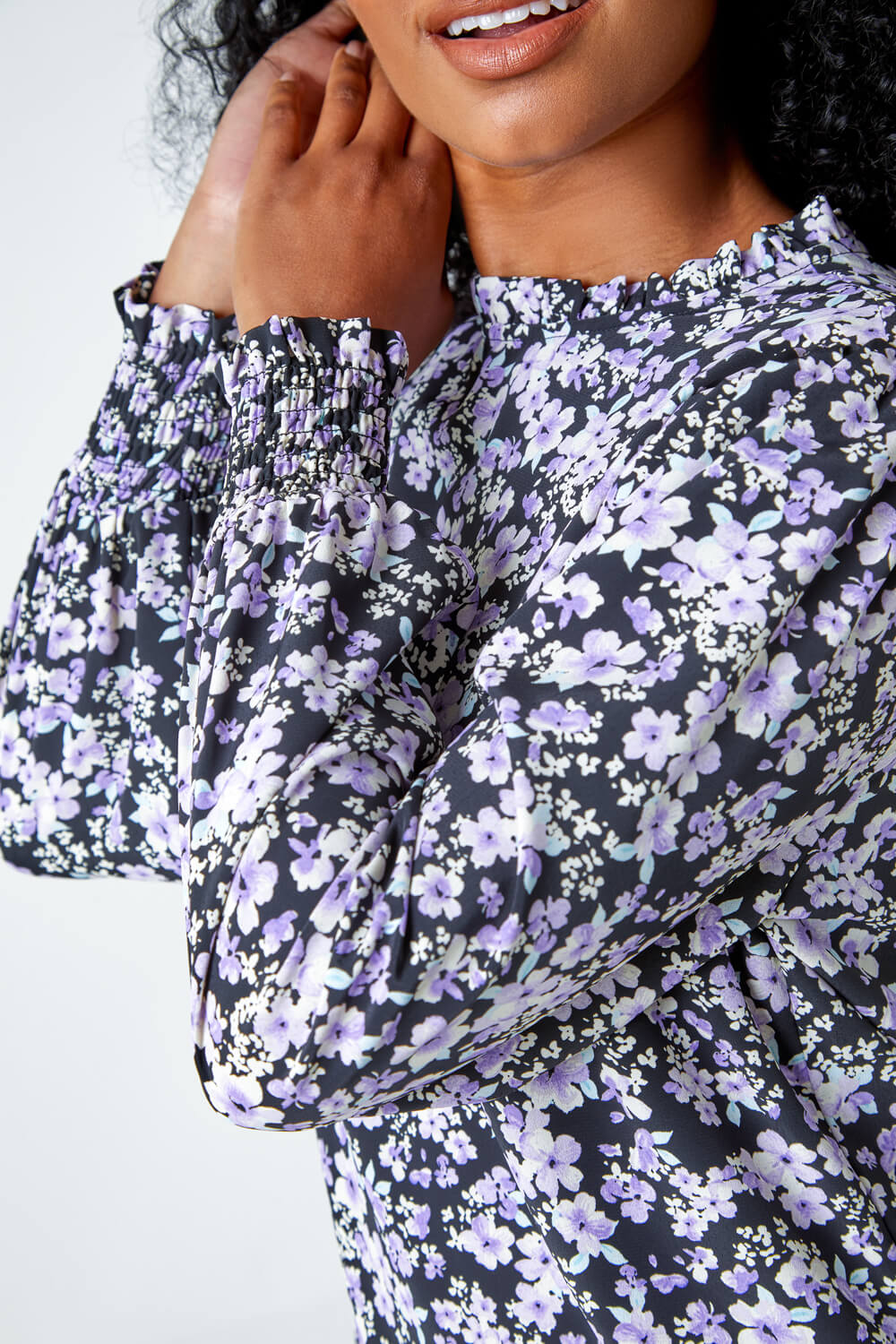 Lilac Petite Floral Print Gathered Neck Top, Image 5 of 5