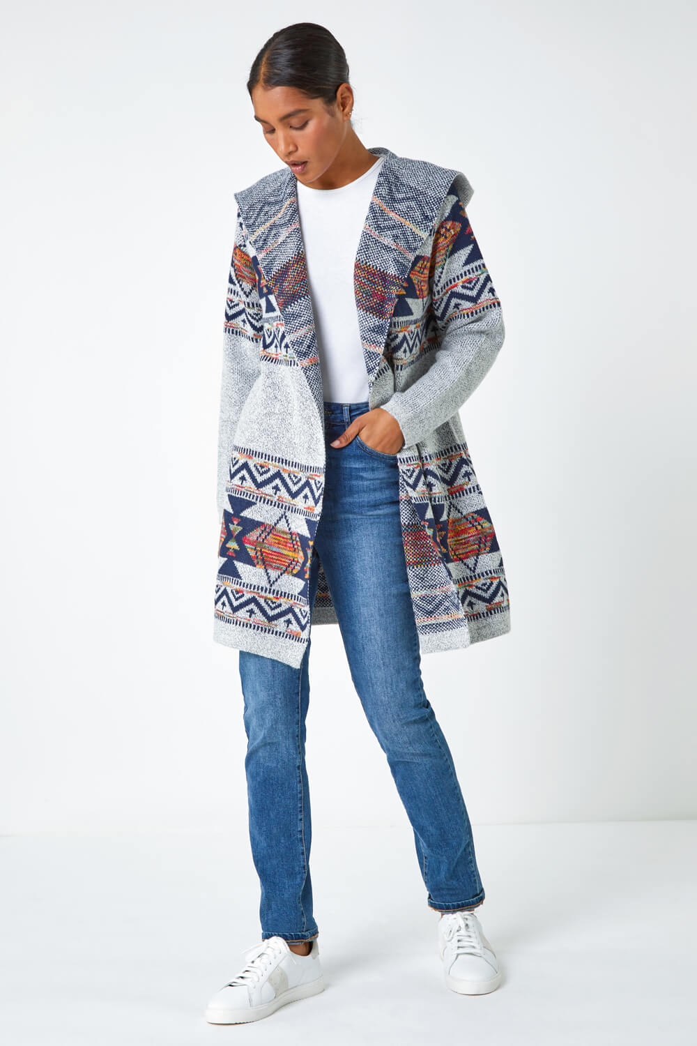 Grey Knitted Longline Hooded Cardigan , Image 2 of 5