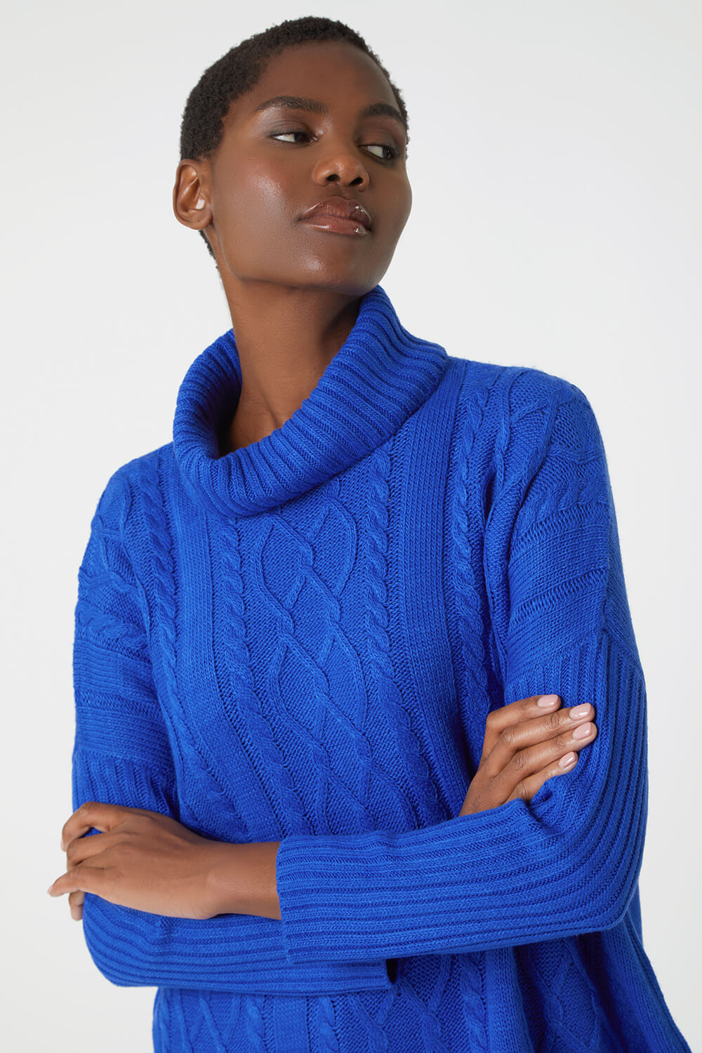 Blue Cable Knit Roll Neck Fringed Jumper, Image 5 of 6