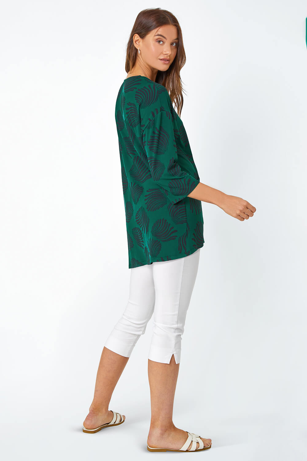 Green Abstract Print Pocket Tunic Stretch Top, Image 3 of 5