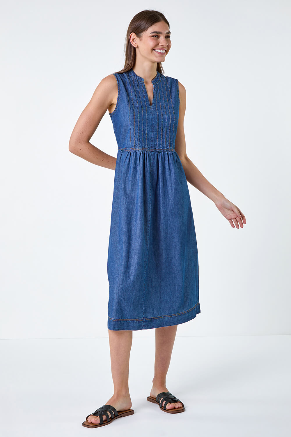 Denim Sleeveless Cotton Denim Midi Dress, Image 2 of 5