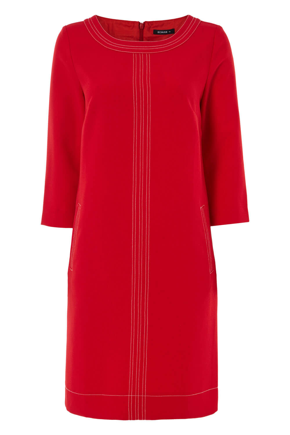 Red 3/4 Sleeve Top Stitch Shift Dress, Image 3 of 5
