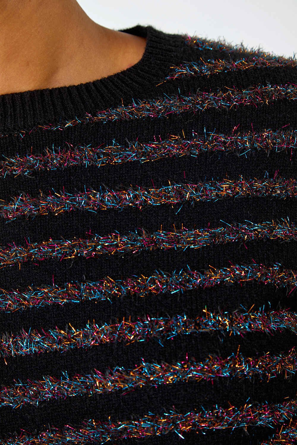 Black  Metallic Stripe Fluffy Knit Jumper, Image 2 of 6
