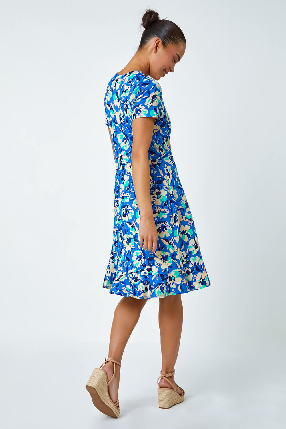 Turquoise Petite Floral Stretch Wrap Dress, Image 3 of 5