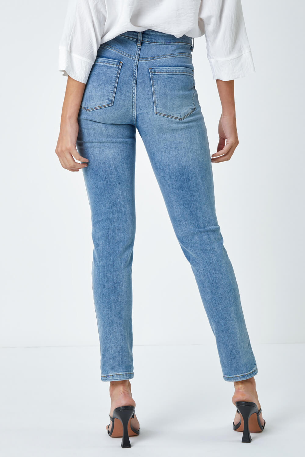Blue Slim Leg Stretch Mom Jeans, Image 3 of 5