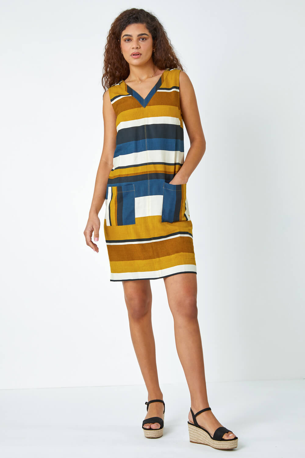 Tan Striped Cotton Blend Shift Dress, Image 3 of 5