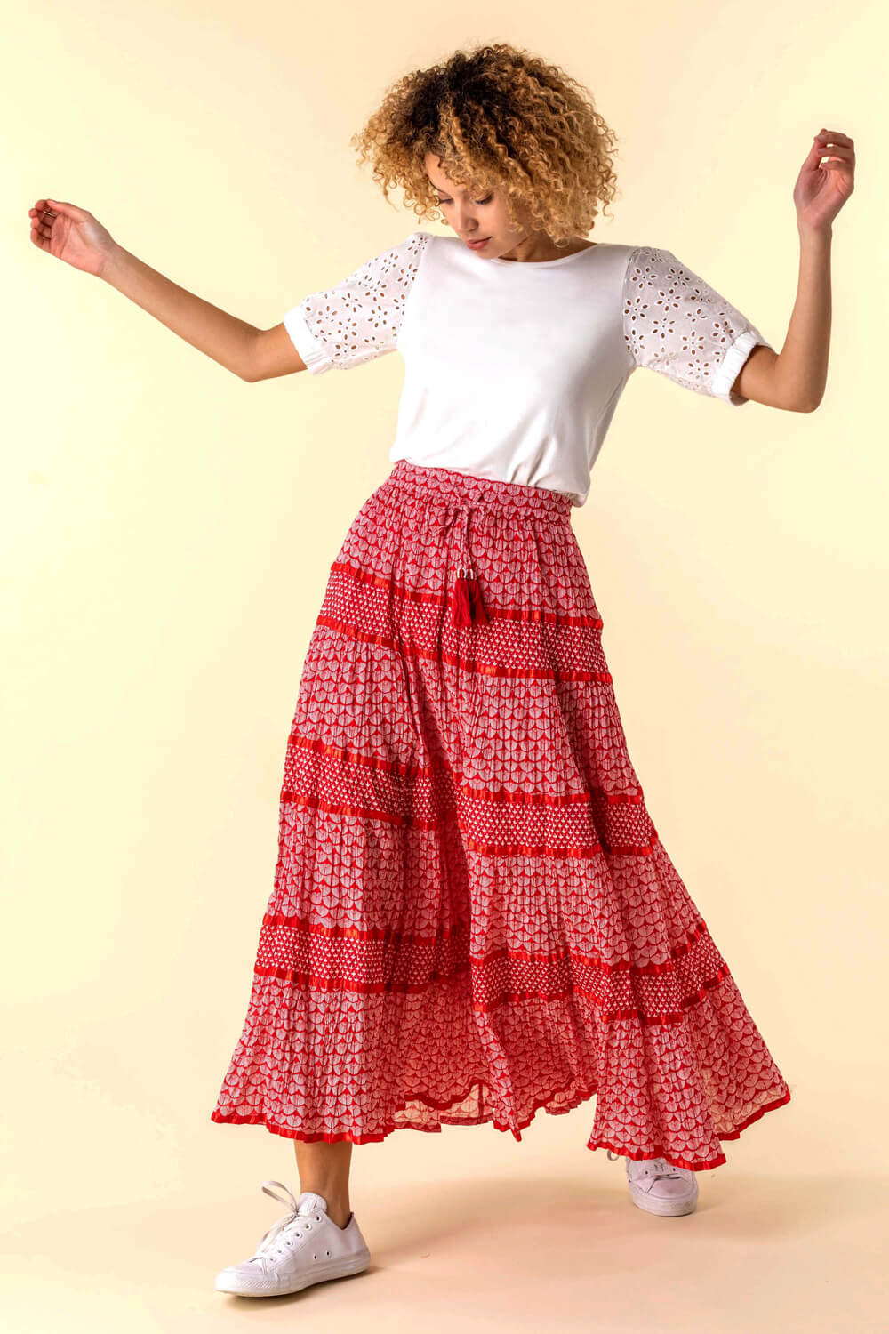 Red Tiered Boho Print Maxi Skirt, Image 4 of 4