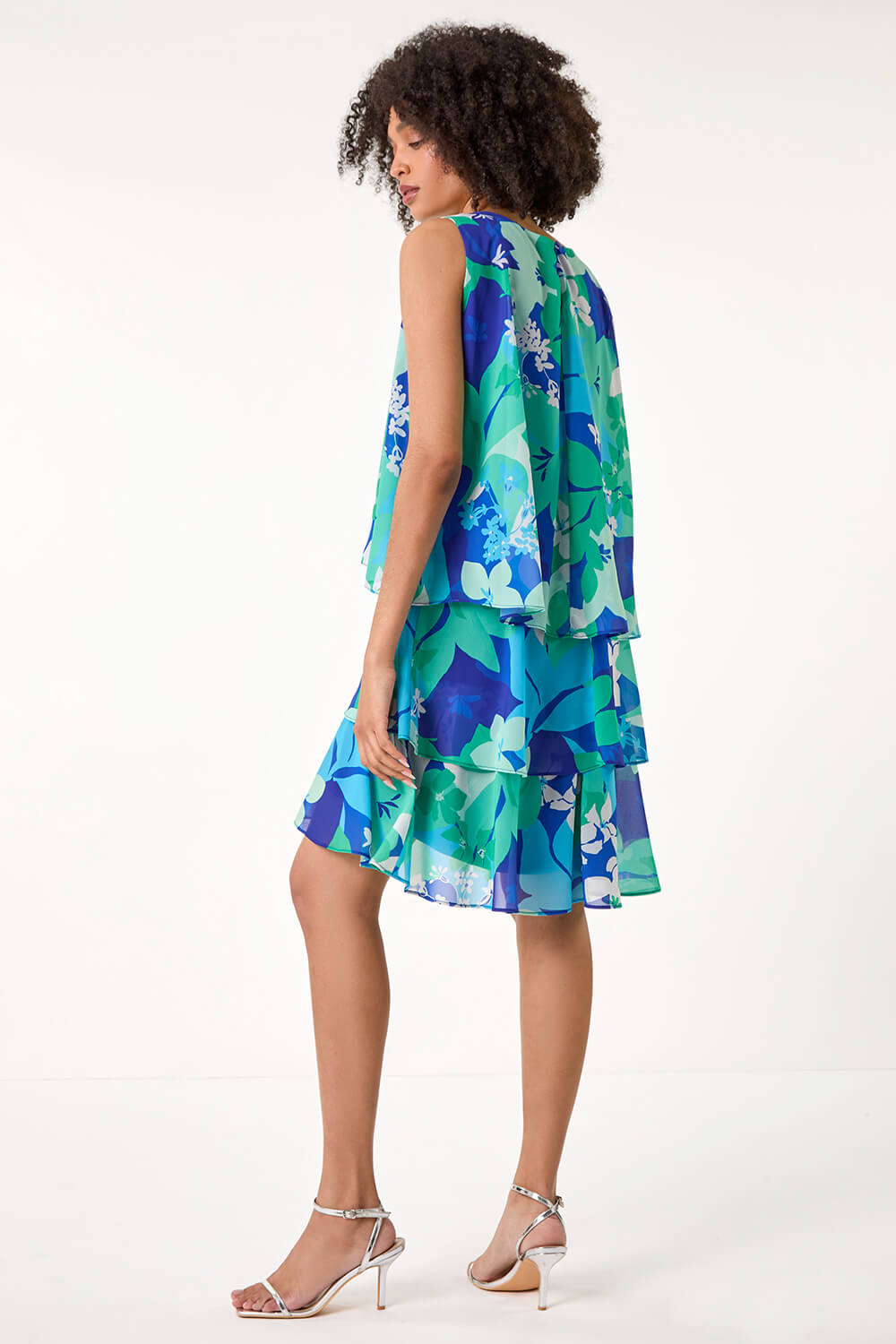 Blue Floral Print Tiered Layer Dress, Image 3 of 5