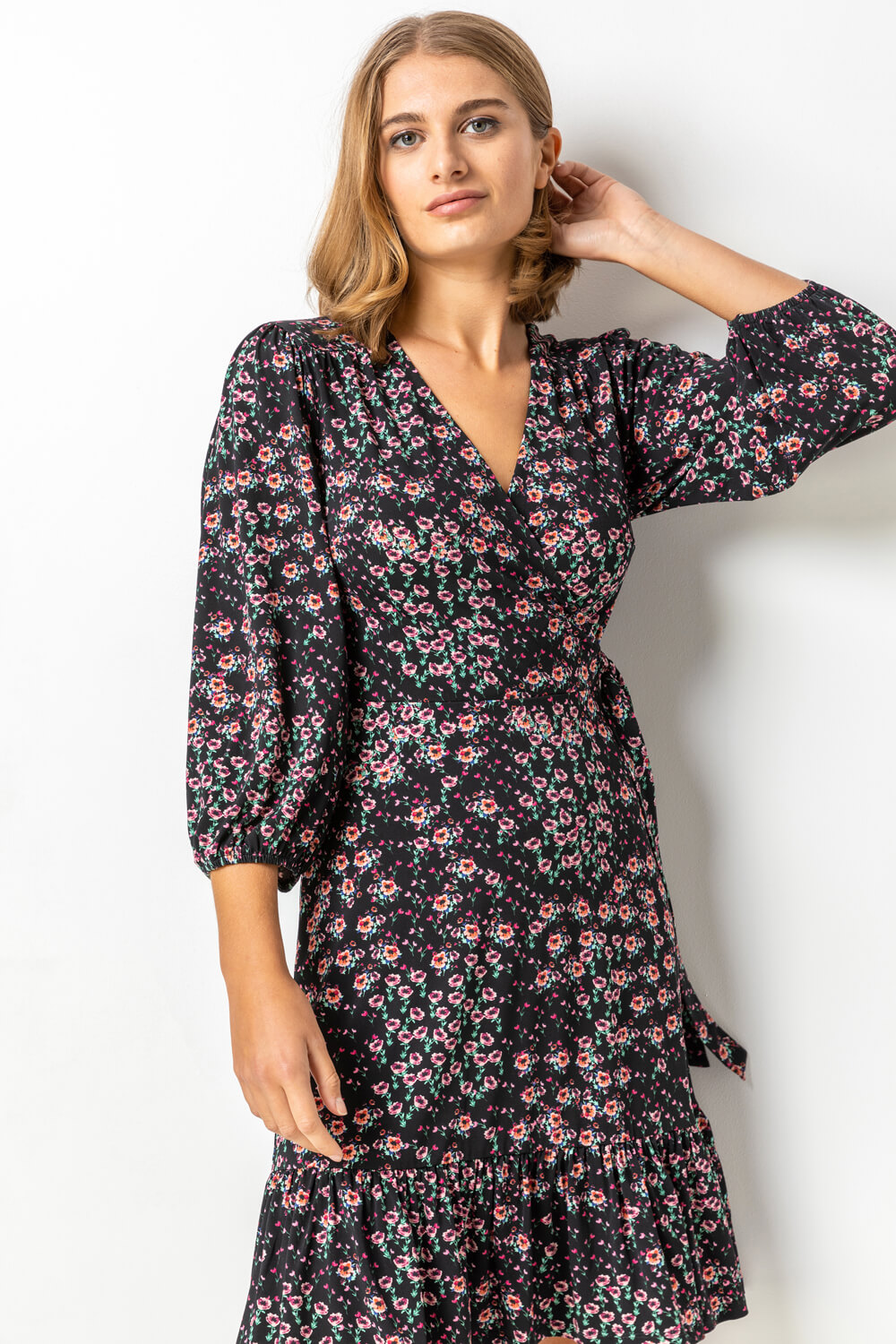 Ditsy Floral Print Frilled Wrap Dress