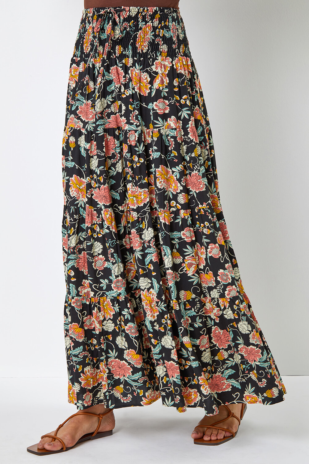Boho Floral Print Shirred Waist Maxi Skirt
