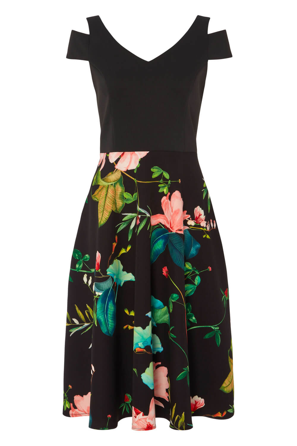 Black Floral Print Fit and Flare Scuba Dress, Image 4 of 4