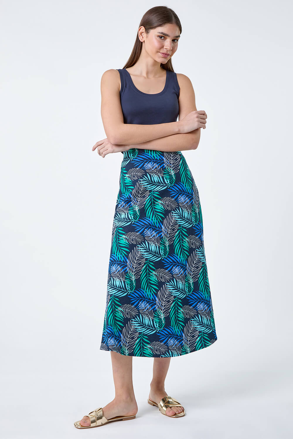 Blue Leaf Print Linen Blend A-Line Skirt, Image 2 of 5