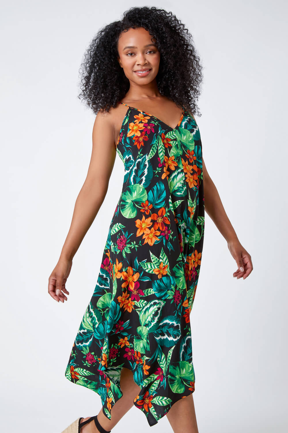 Black Petite Tropical Hanky Hem Midi Dress | Roman UK