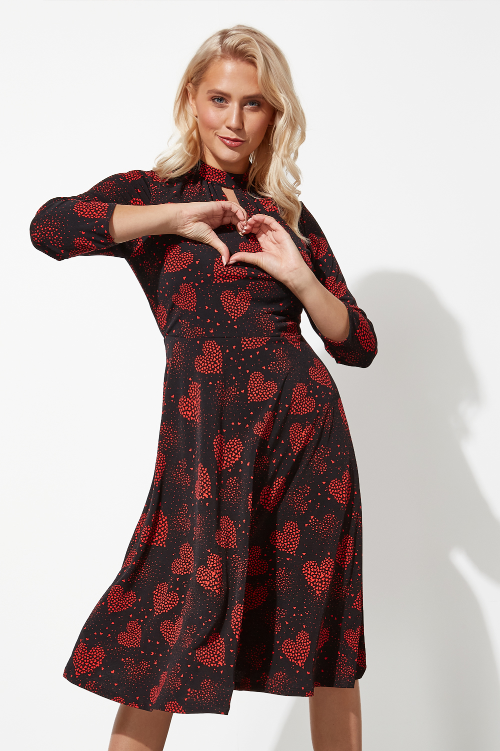 Red Heart Print Keyhole Neck Midi Dress, Image 2 of 5