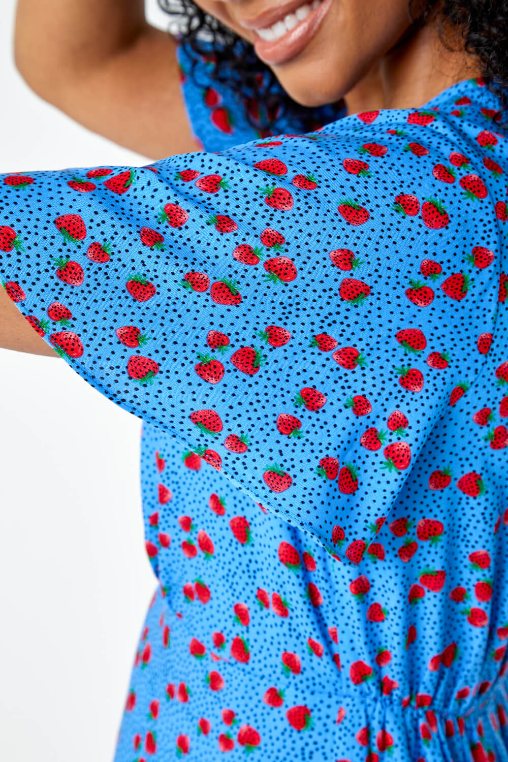 Blue Petite Strawberry Print Midi Tea Dress, Image 5 of 5