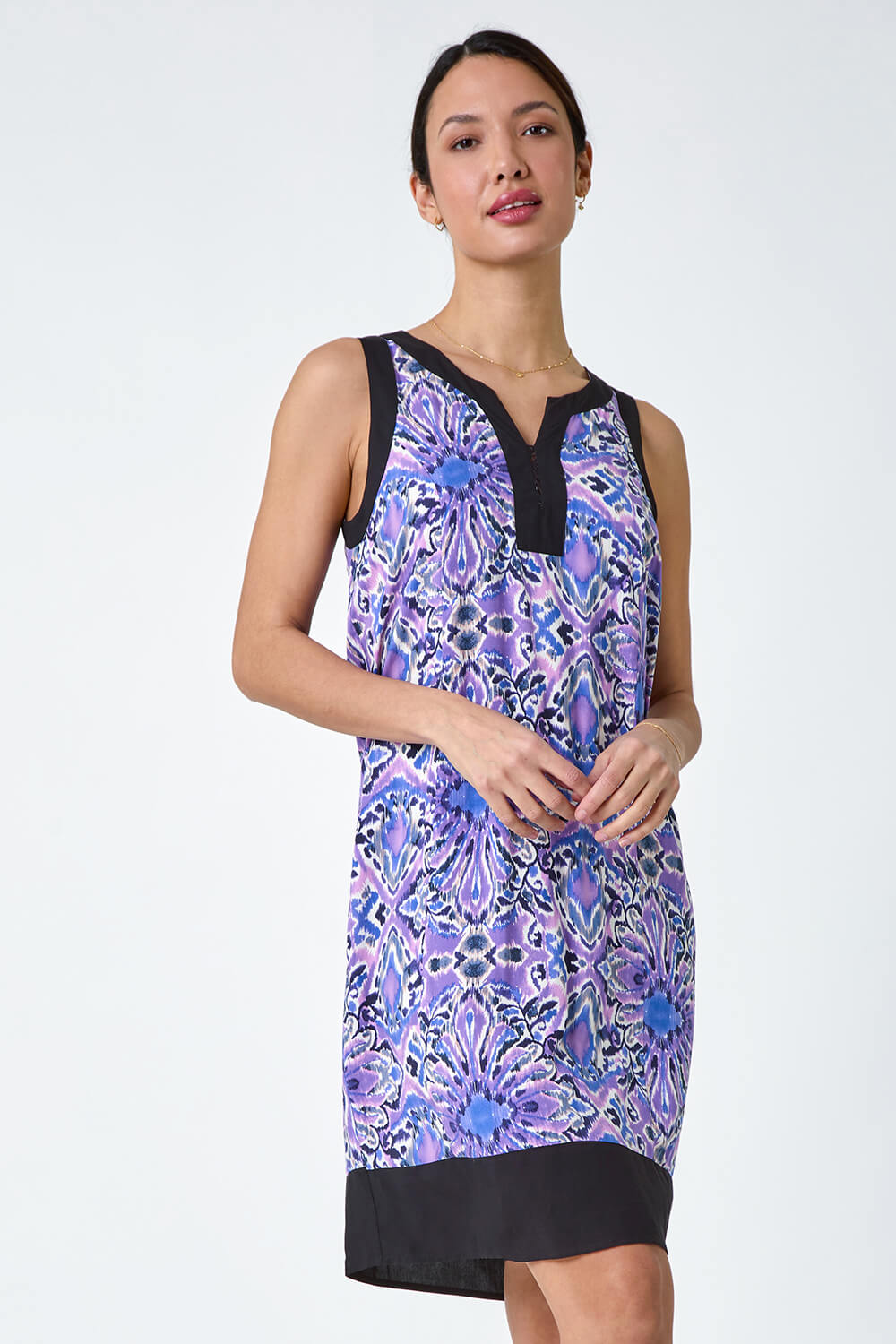 Purple Abstract Contrast Trim Shift Dress, Image 2 of 5