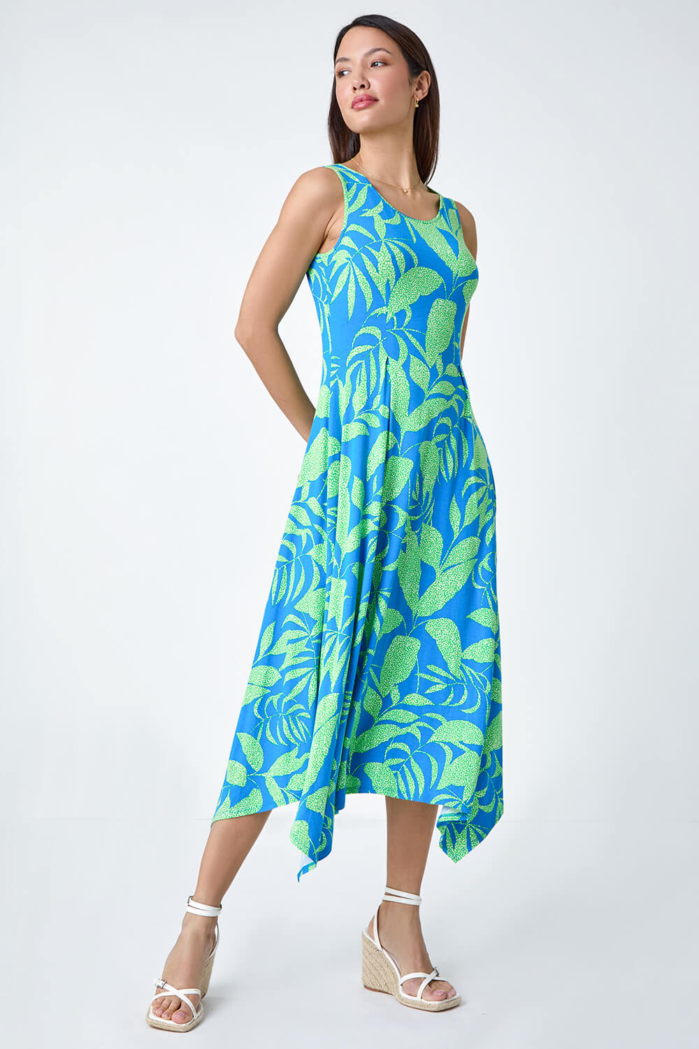 Turquoise Tropical Print Pleated Maxi Stretch Dress, Image 2 of 5