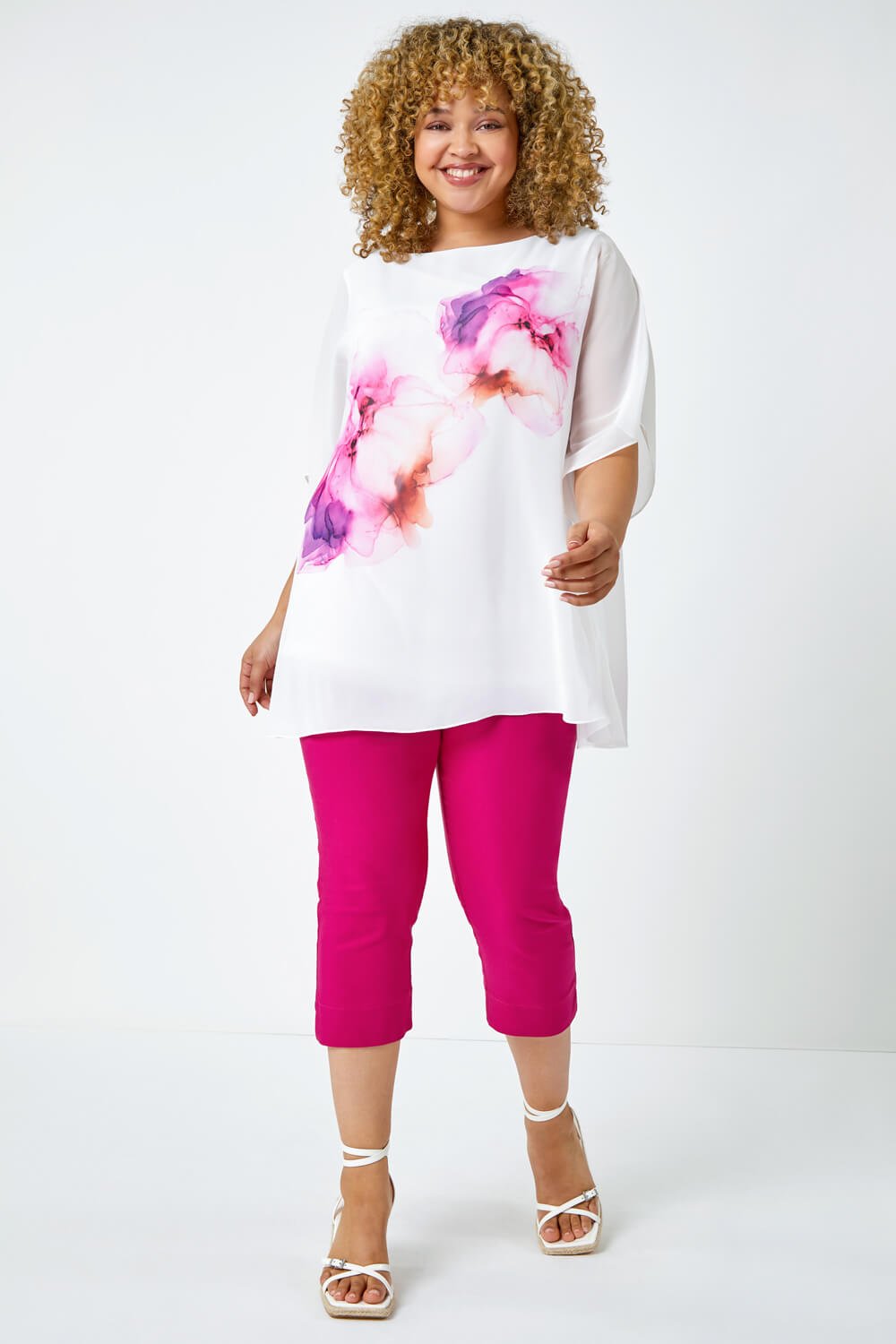 Ivory  Curve Floral Chiffon Overlay Top, Image 4 of 5