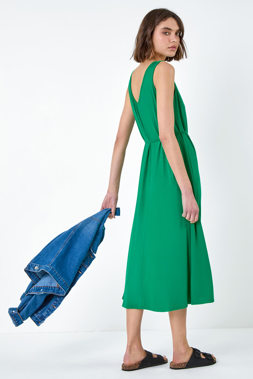 Green Gathered Tie Detail Stretch Midi Dress, Image 3 of 5