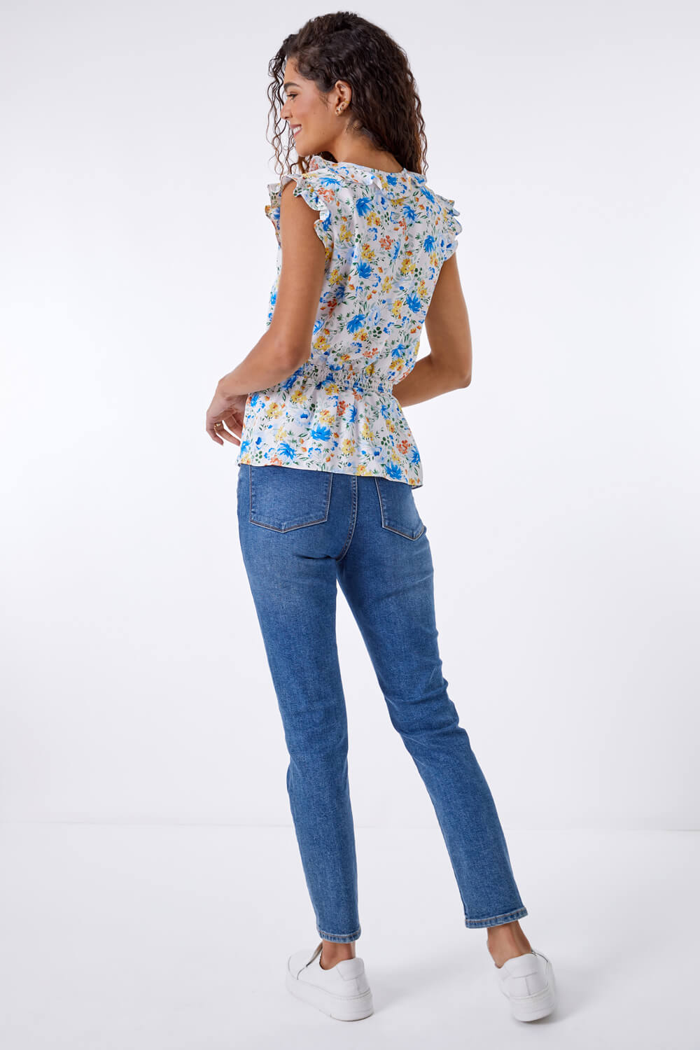 Blue Floral Print Frill Detail Top, Image 3 of 5