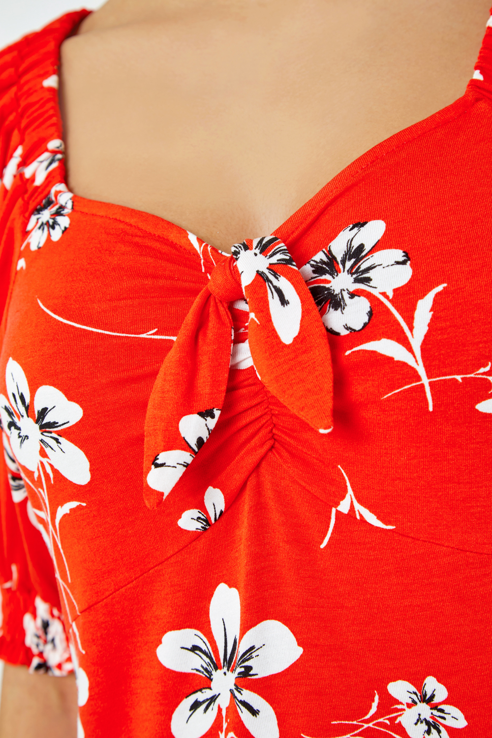 Red Floral Print Tie Detail Jersey Top, Image 5 of 5