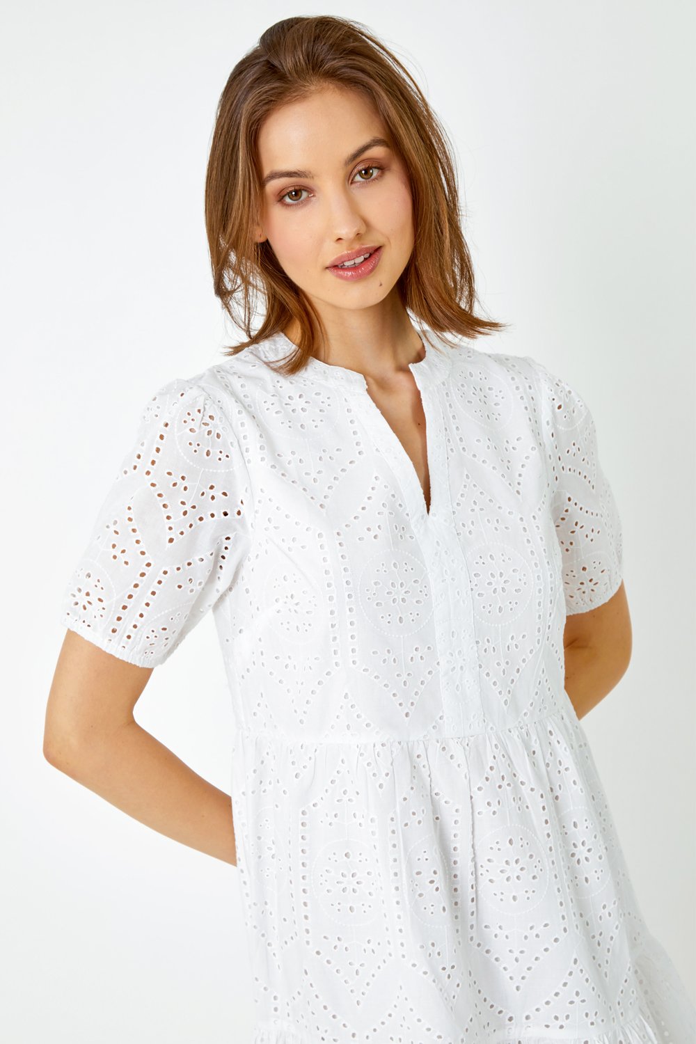 White Embroidered Tiered Cotton Smock Dress, Image 5 of 5