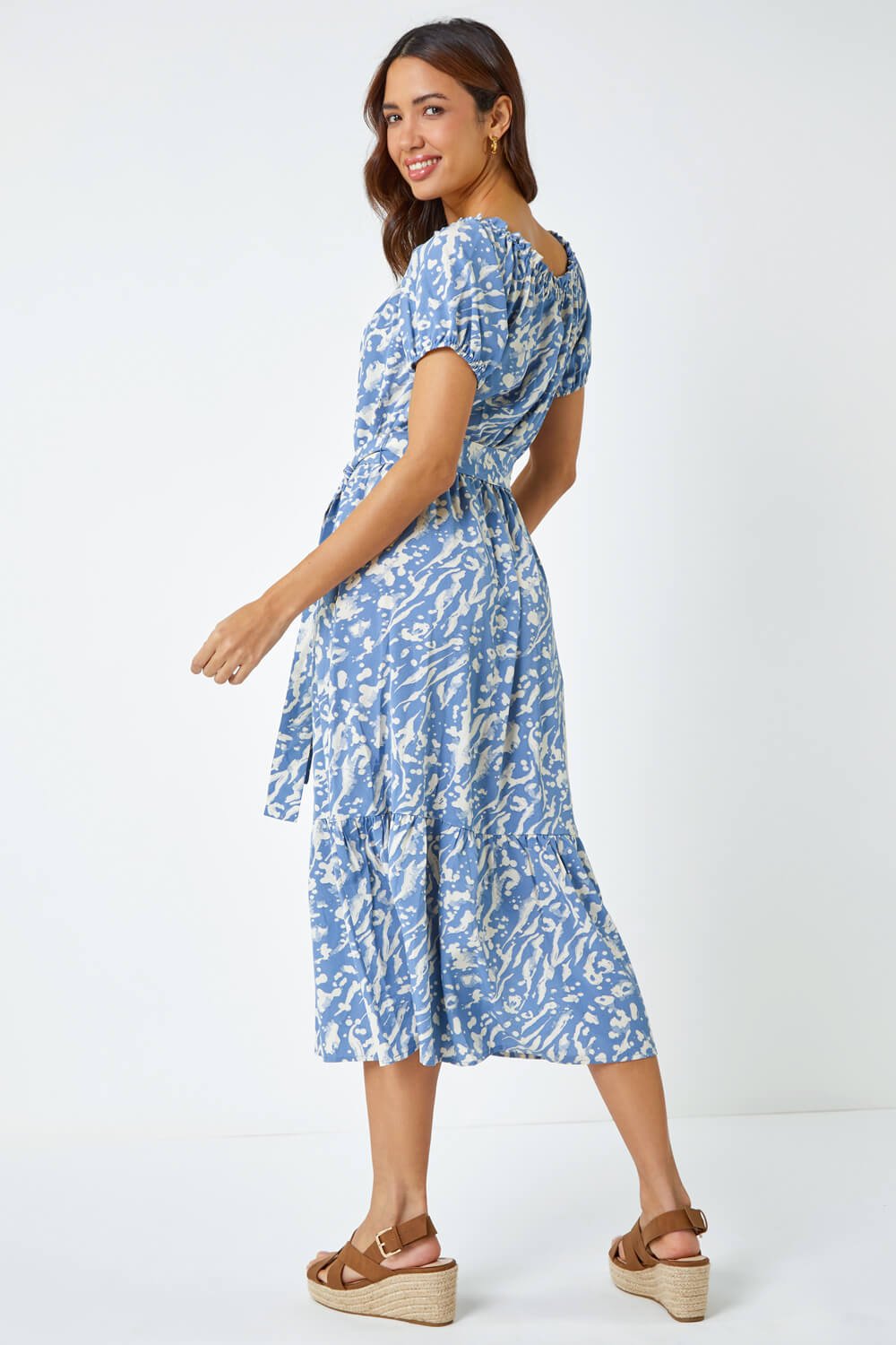 Blue Abstract Print Belted Midi Dress, Image 3 of 5