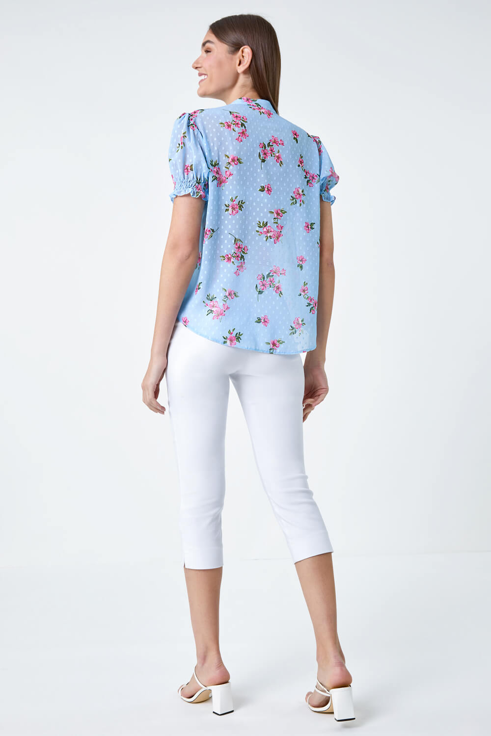 Blue Textured Spot Floral Print Frill Top, Image 3 of 5