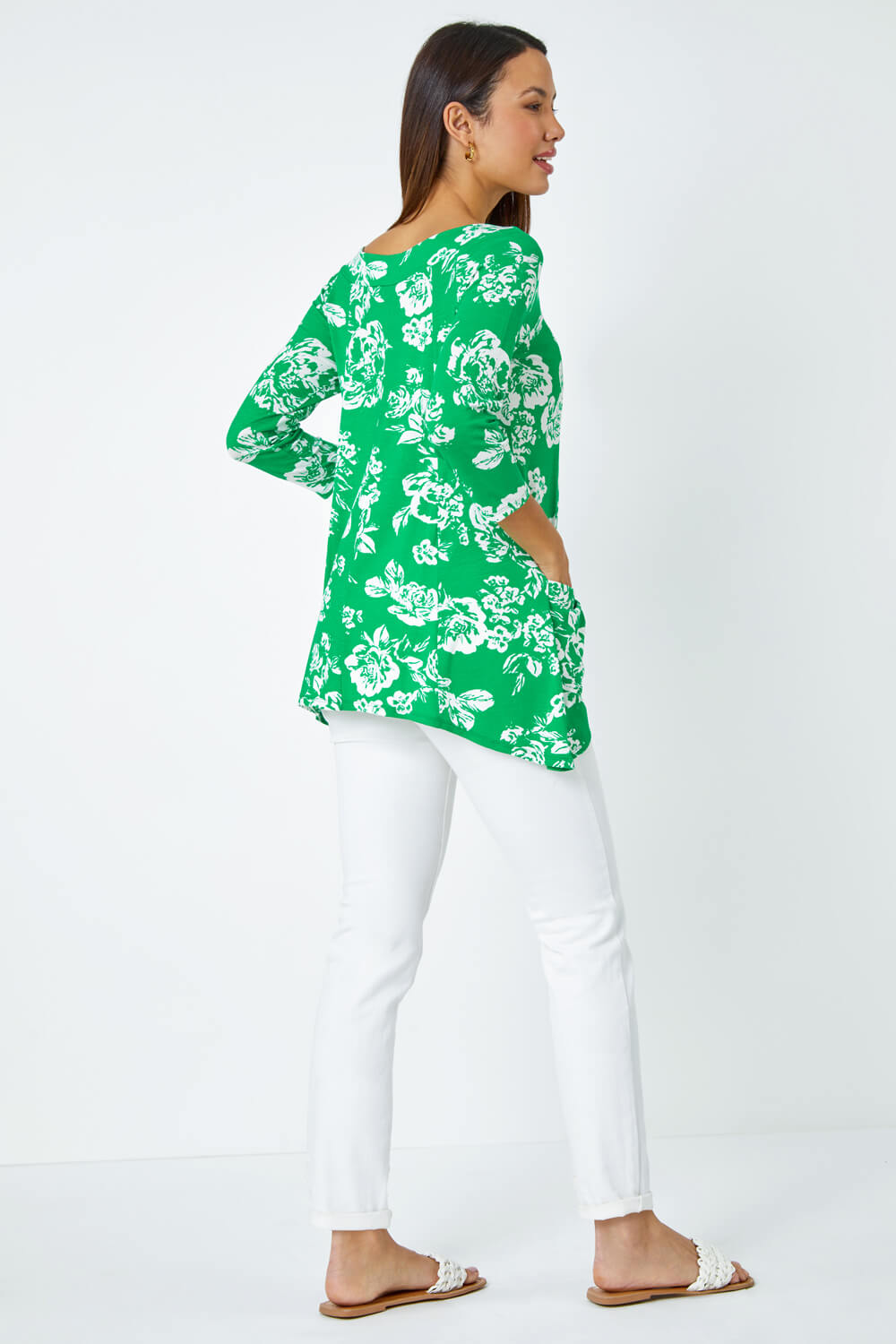 Green Floral Print Swing Stretch Top, Image 3 of 5