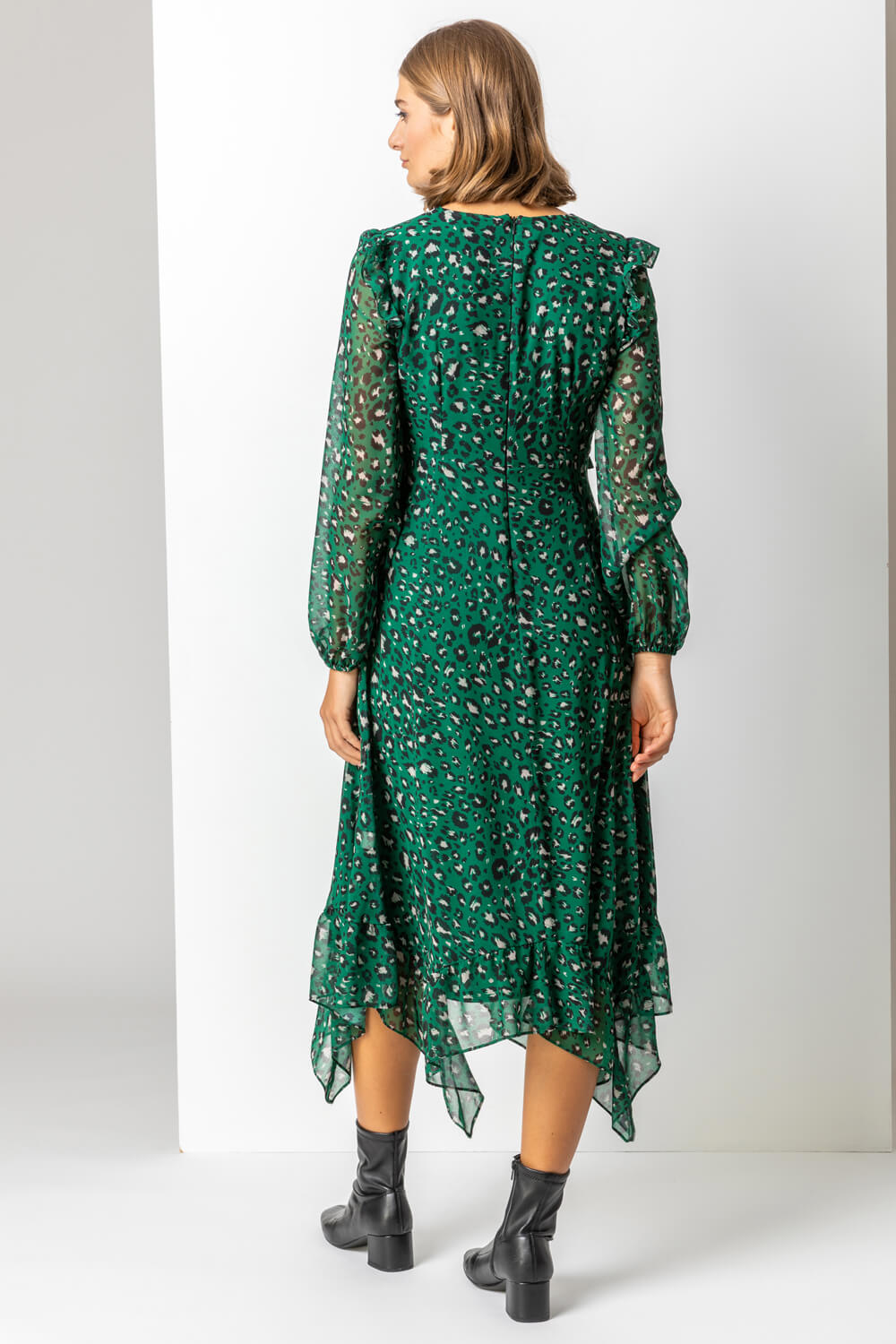 Green Animal Print Chiffon Midi Dress, Image 2 of 5