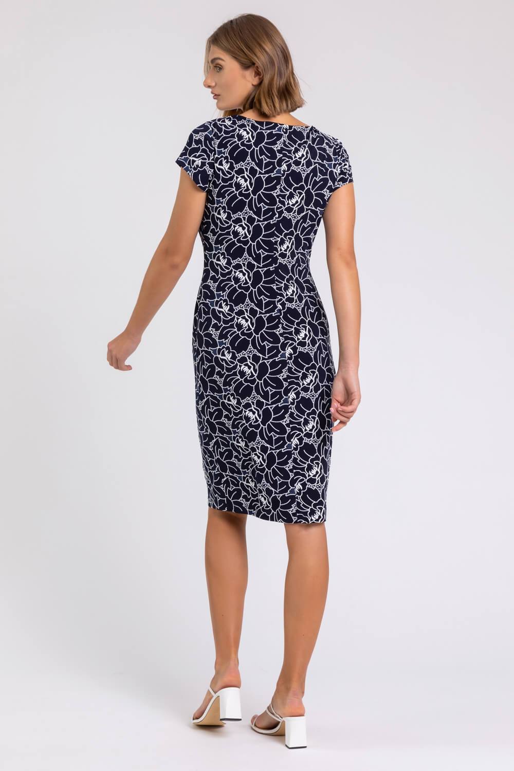 Navy White Floral Print Stretch Ruched Dress, Image 3 of 4