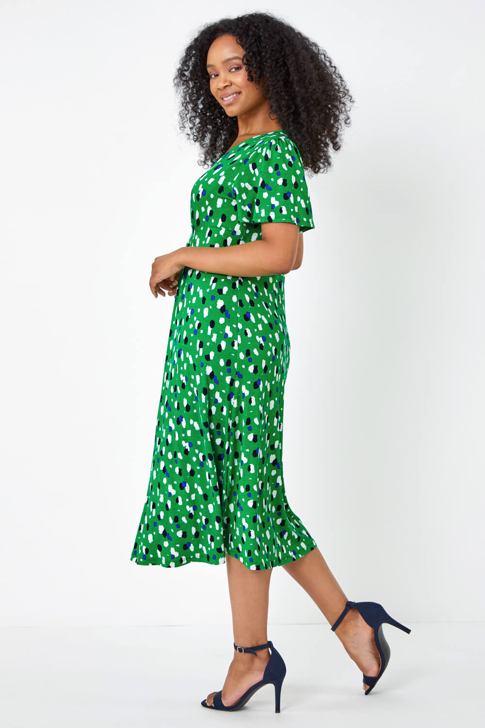 Green Petite Spot Shirred Stretch Midi Dress, Image 3 of 5