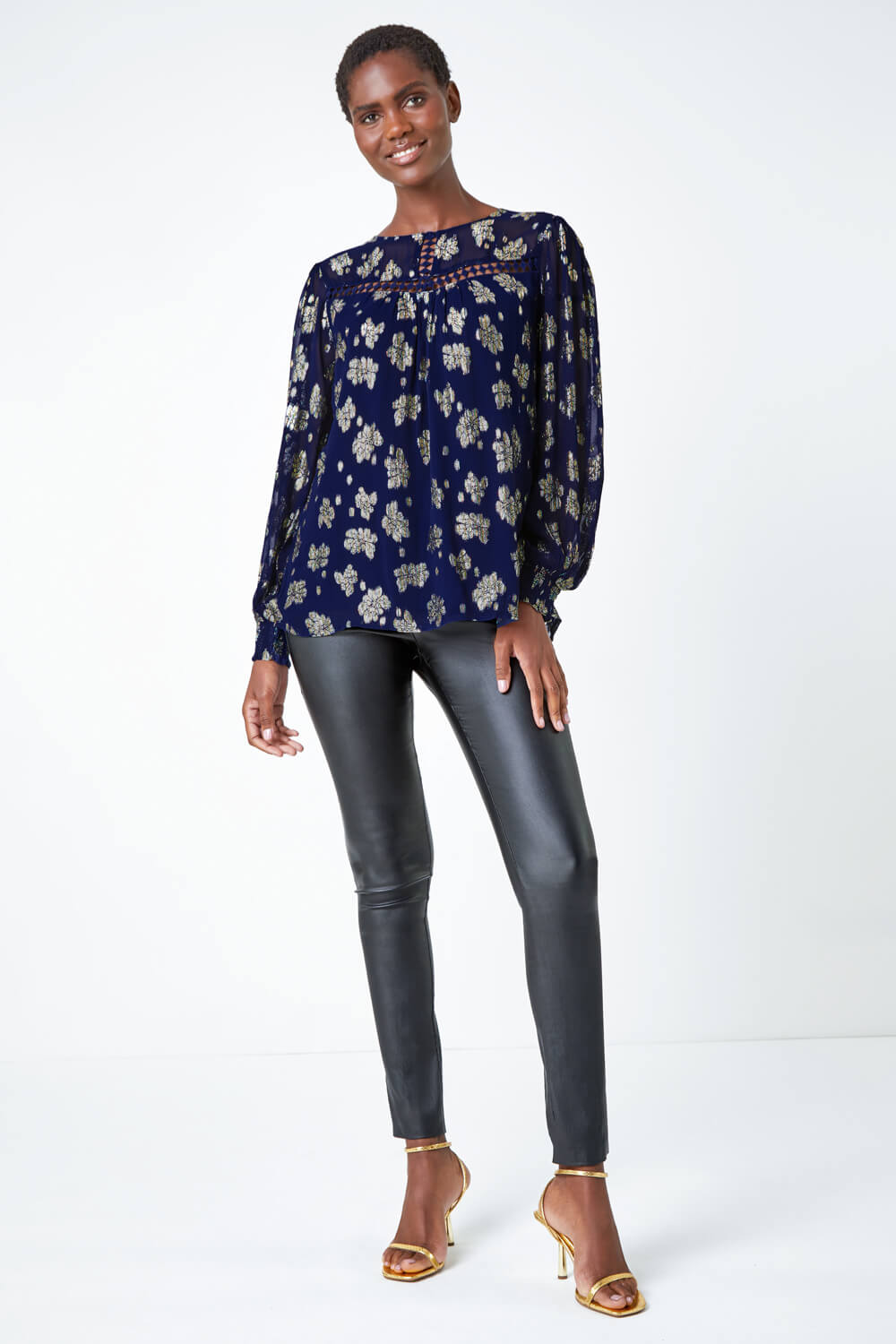 Midnight Blue Metallic Floral Print Ladder Lace Top, Image 3 of 5