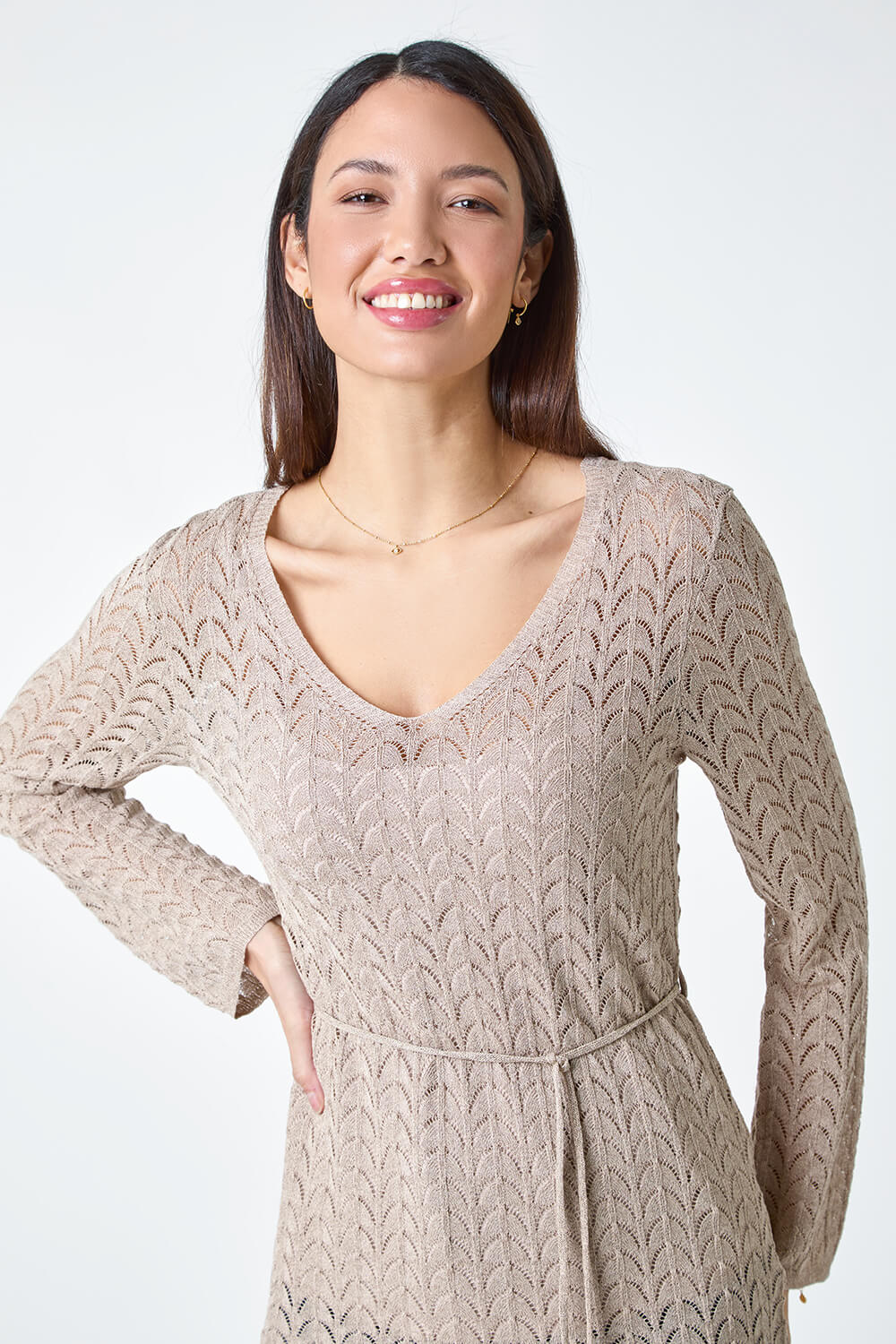 Natural  Pointelle Tassel Detail Knit Top, Image 4 of 5