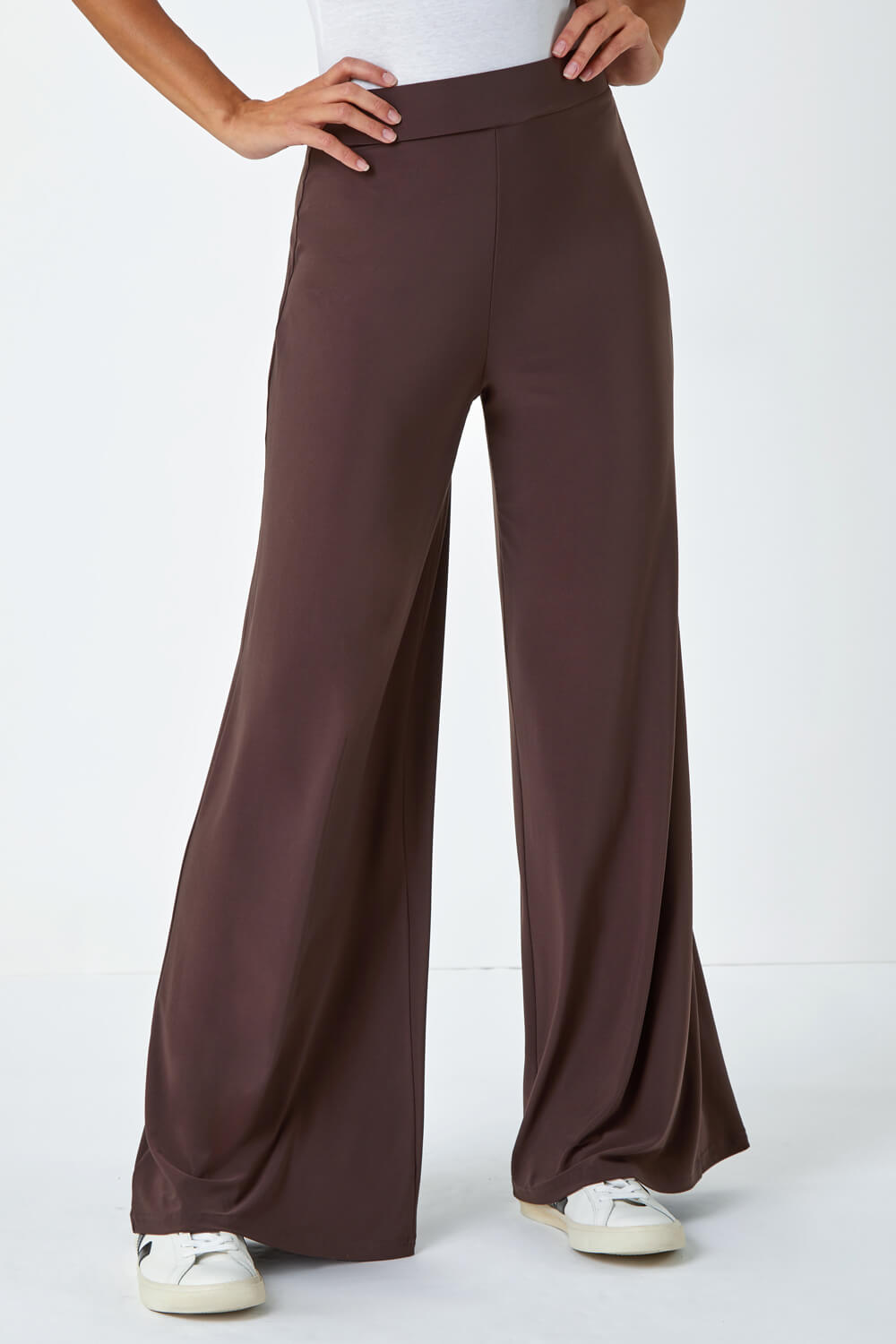 Chocolate Wide Leg Stretch Trousers, Image 4 of 5