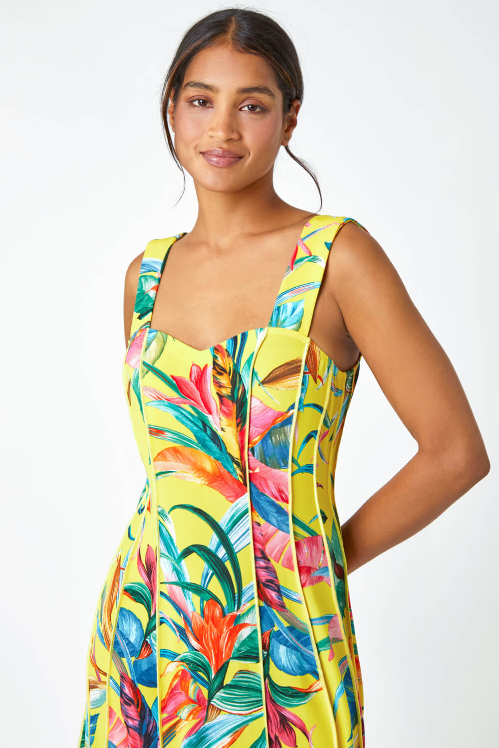 Yellow Tropical Print Stretch Panel Dress, Image 4 of 5