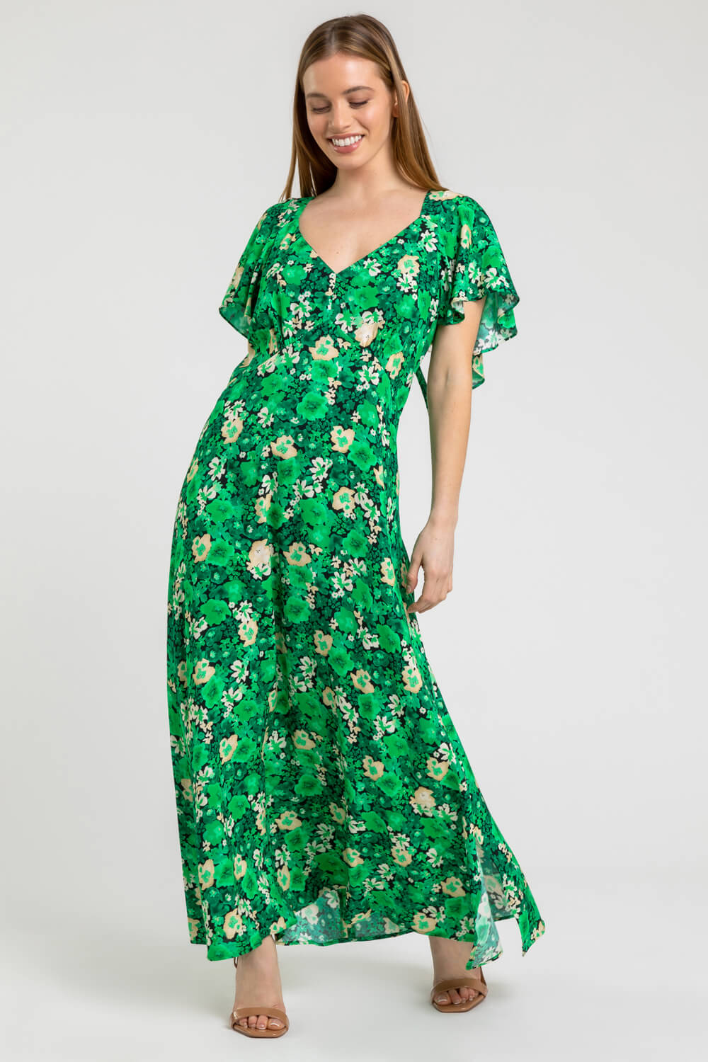 Petite Ditsy Floral Print Maxi Dress in Green - Roman Originals UK