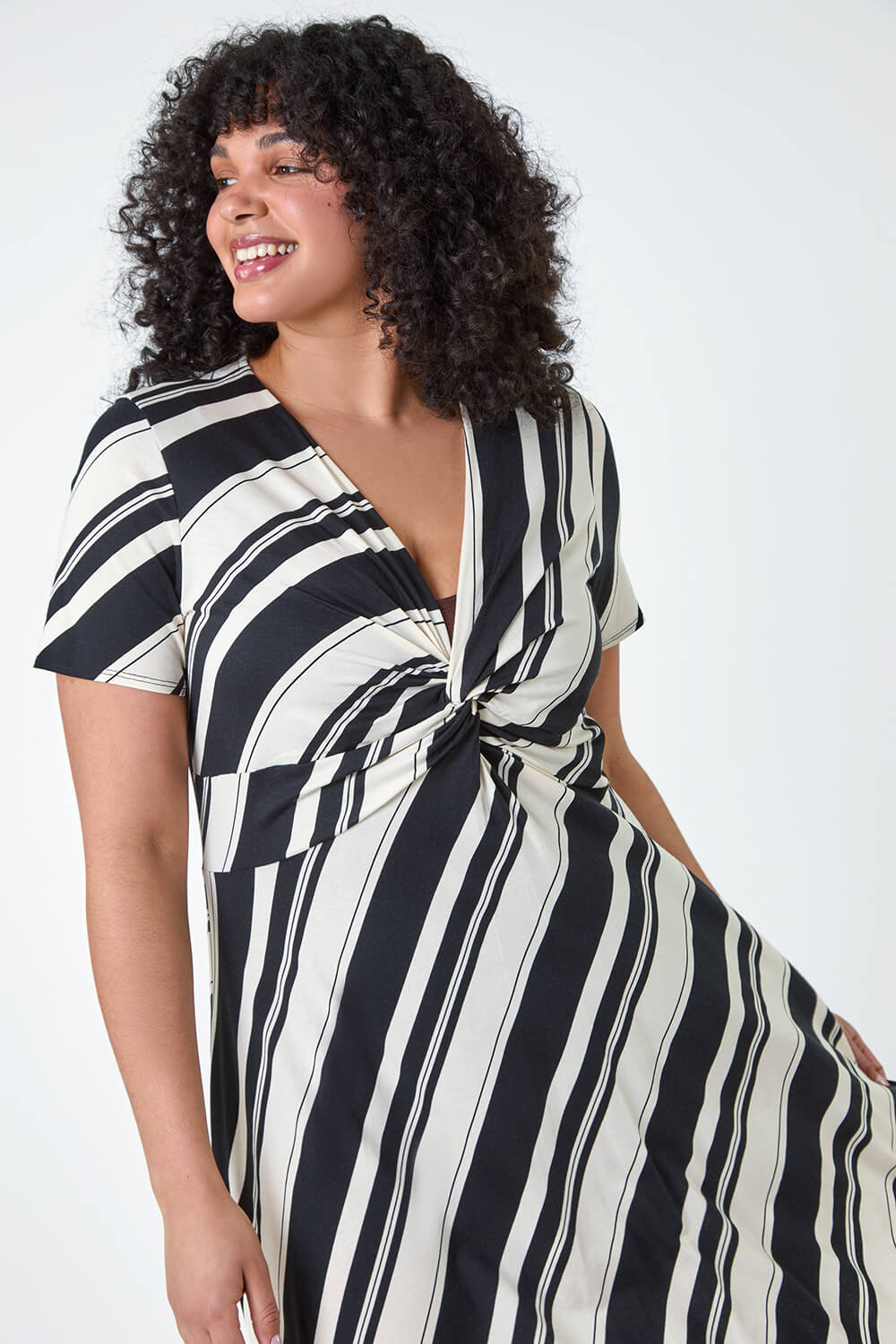 Black Curve Stripe Print Twist Front Dress , Image 4 of 5